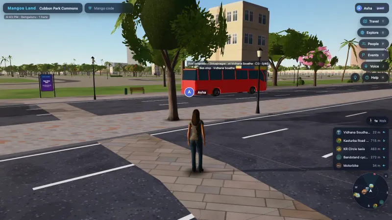 A red city bus on the Majestic to Shivajinagar route waits at the Vidhana Soudha bus stop while the player watches from the footpath.