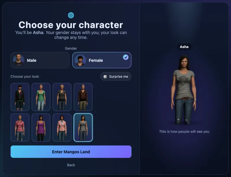 The Choose your character screen: Female is picked, eight looks are shown, and the chosen look stands on the right with the name Asha.