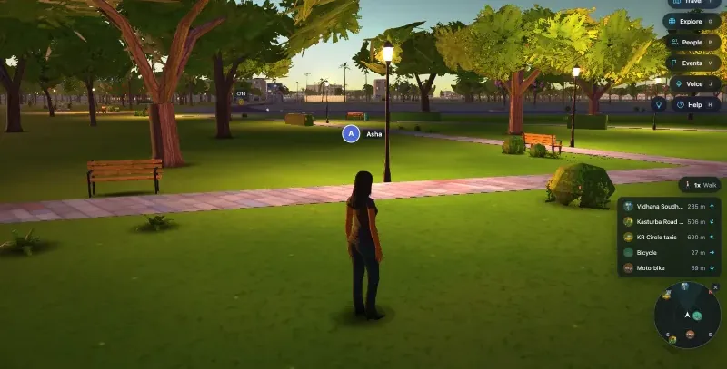 A player's character on the lawn in Mangos Land's Cubbon Park at golden hour, facing a paved path lined with benches, lamp posts and broad shady trees.