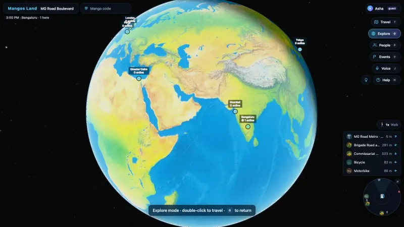 The Explore globe in Mangos Land with places marked: Bengaluru with one person online, plus Mumbai, Greater Cairo, London, Paris and Tokyo.