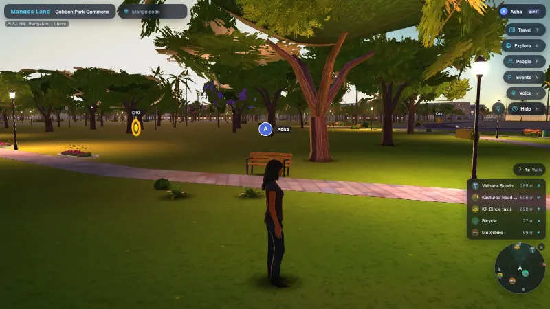 Golden rings marked 10 float above the grass in Cubbon Park near a bench and a lamp post, with the player standing on the path.