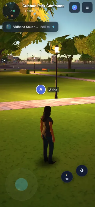 The same park on a phone: the character on the grass, the place name at the top, a joystick at the bottom left and a microphone button.